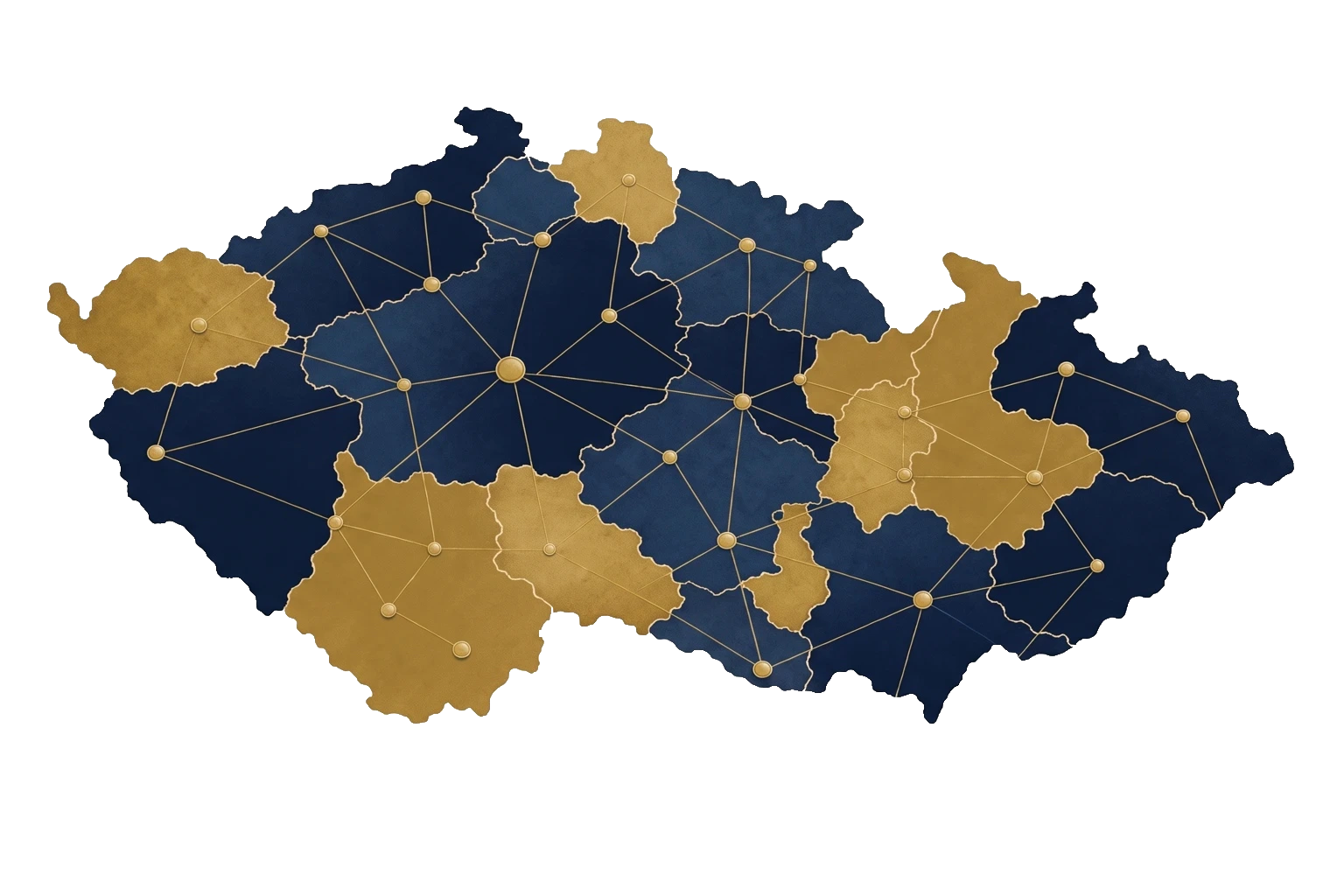 Stylizovaná mapa krajů České republiky propojených linkami symbolizujícími síť zapsaných mediátorů